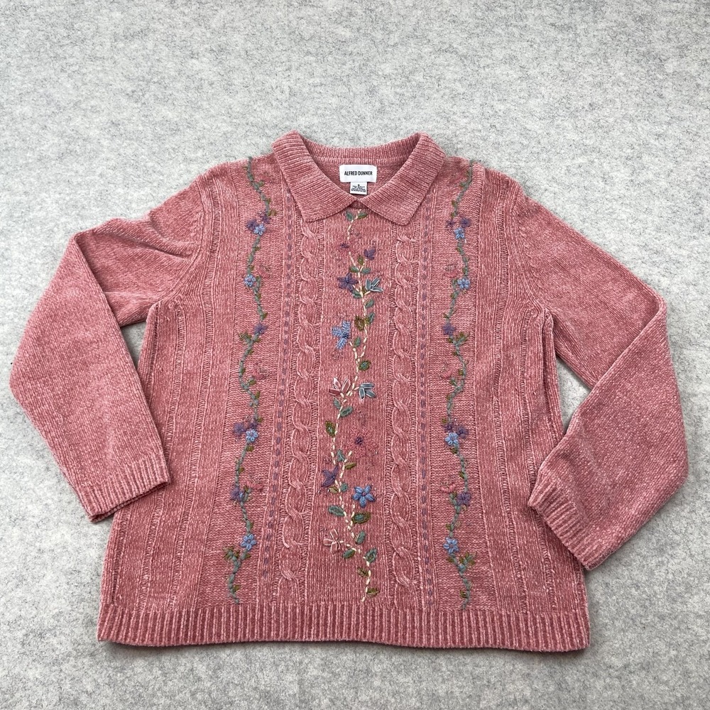 Alfred Dunner Sweater Womens Small Pink Cable Knit Embroidered Floral Beaded